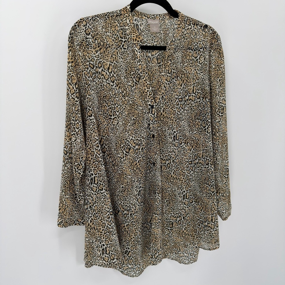 Chico's Leopard Print Button Front Tunic Blouse Modern‎ Women Size 0 Brown Tan
